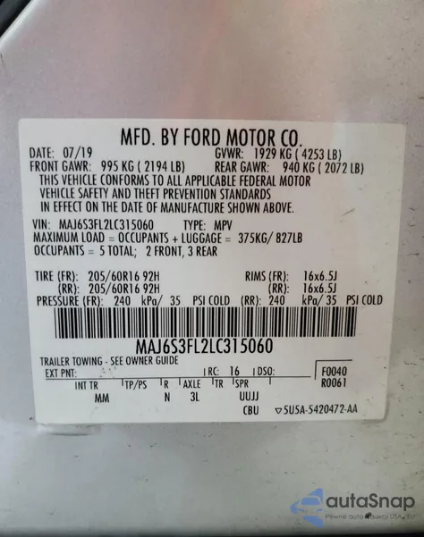 2020 Ford Ecosport S из США, поврежденный, VIN MAJ6S3FL2LC315060